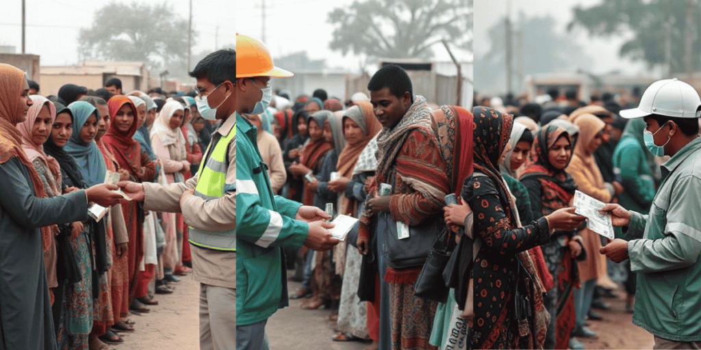 different pictures of crisis area where a person is providing Cash and Voucher Assistance as Humanitarian Aid
